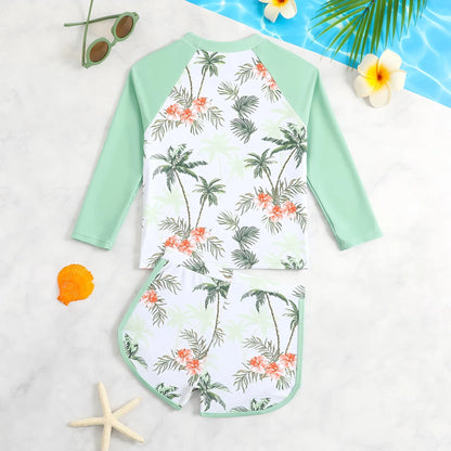 HILEELANG 3-8T Toddler/Little Girls Mint Green Palm Tree Rashguard Swimsuit