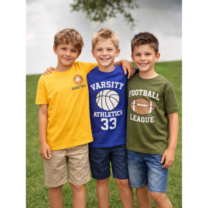 HILEELANG 4-13 Little Boys Red Navy Gray 100% Cotton Sports Graphic 3-Pack Short Sleeve T Shirt Summer Tops