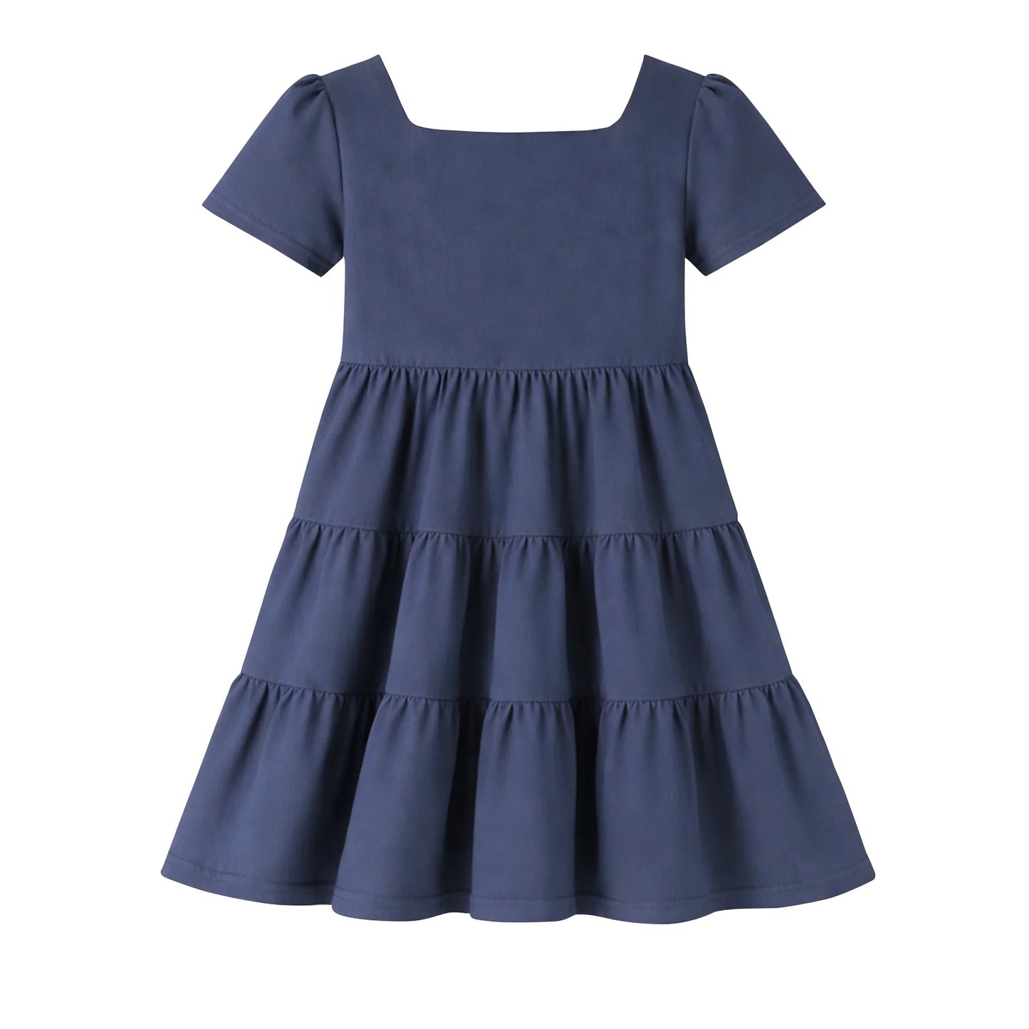 HILEELANG Toddler Girls 2-8T 100% Cotton Tiered Dress Solid Navy Short Sleeve Casual Dress