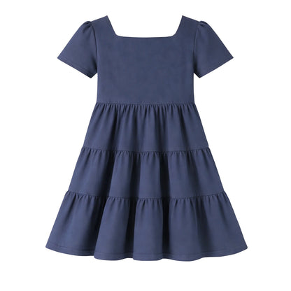 HILEELANG Toddler Girls 2-8T 100% Cotton Tiered Dress Solid Navy Short Sleeve Casual Dress