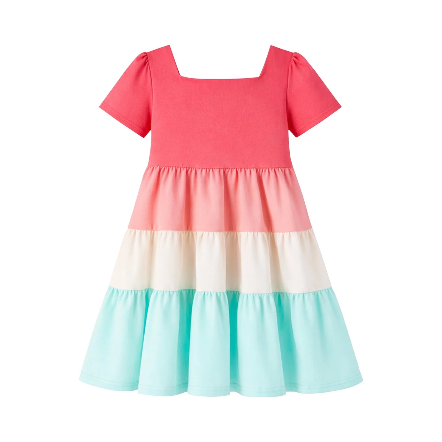 HILEELANG Toddler Girls 2-8T 100% Cotton Colorblock Tiered Dress Pink Colorblock Short Sleeve Casual Dress