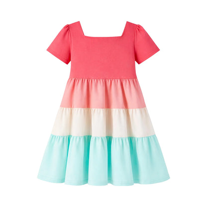 HILEELANG Toddler Girls 2-8T 100% Cotton Colorblock Tiered Dress Pink Colorblock Short Sleeve Casual Dress