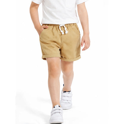 HILEELANG Toddler Boys' Elastic Waist Drawstring Cotton Shorts, 2-Pack, Khaki and Navy Blue
