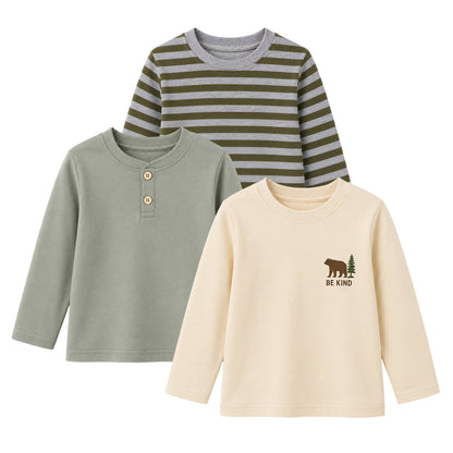 HILEELANG Boys Long Sleeve Shirts 3 Pack Cotton Tee Shirts Green Mix