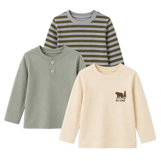 HILEELANG Boys Long Sleeve Shirts 3 Pack Cotton Tee Shirts Green Mix