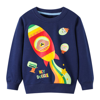 HILEELANG Toddler Boy Navy Sweatshirts Halloween Rocket Graphic Glow in the Dark Crewneck Long Sleeve Pullover Cotton Top Sweater Shirts