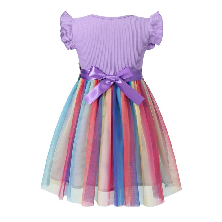 HILEELANG Toddler Little Girls Rainbow Tulle Dress, Floral Embroidered Flutter Sleeve Birthday Party Tutu Dress for Girls
