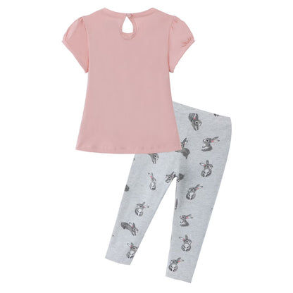 HILEELANG Toddler Girl Easter T-Shirt Leggings Outfit Set Summer Cotton Dust Pink Bunny Rabbit Ruffle Short Clothing Sets 2T