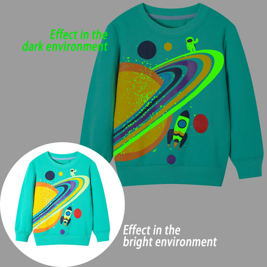 HILEELANG Toddler Boy Sweatshirts Halloween Green Planet Graphic Glow in the Dark Crewneck Long Sleeve Pullover Cotton Top Sweater Shirts