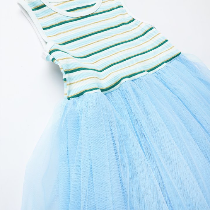 HILEELANG 2-7T Toddler Little Girls Rainbow Striped Ribbed Tulle Dress, Sky Blue Sleeveless Casual Sundress