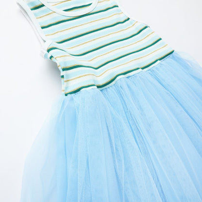 HILEELANG 2-7T Toddler Little Girls Rainbow Striped Ribbed Tulle Dress, Sky Blue Sleeveless Casual Sundress