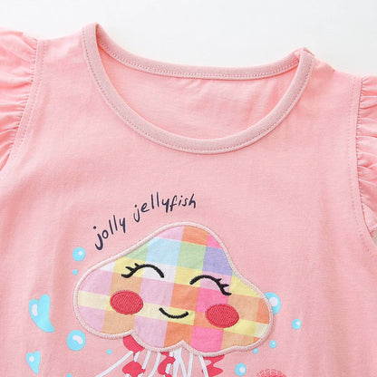 HILEELANG Toddler Girl Summer Short Sets Outfits Cotton CrewNeck Pink Jellyfish Short Sleeve Playwear 2PC