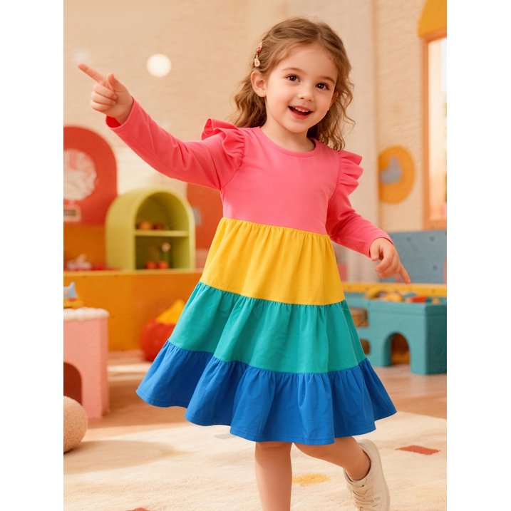 HILEELANG Toddler Girl Long Sleeve Dress Ruffle Solid Color Cotton Casual Tiered Pleated Twirly Dress