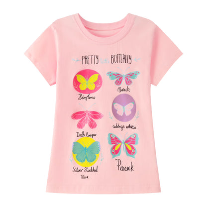 HILEELANG Little Girl Short Sleeve Tees Summer Pink White Green Flowers Cotton Tops Shirts 3 Packs