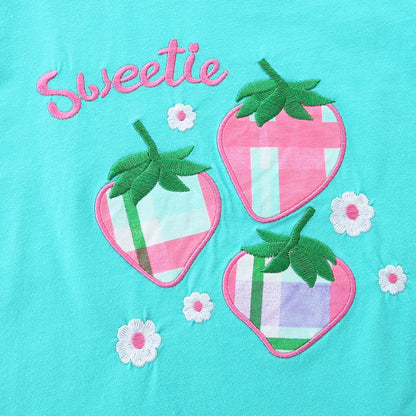 HILEELANG Toddler Girl Summer Short Clothes Sets Outfits Cotton Blue Strawberry Tee Shirts Shorts Playwear