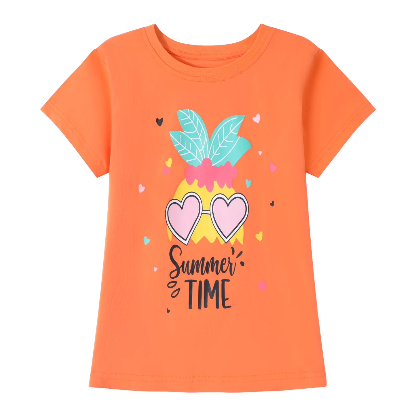 HILEELANG Little Girl Short Sleeve Tees Summer Pink Orange Green Heart Cotton Tops Shirts 3 Packs