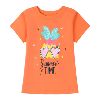 HILEELANG Little Girl Short Sleeve Tees Summer Pink Orange Green Heart Cotton Tops Shirts 3 Packs