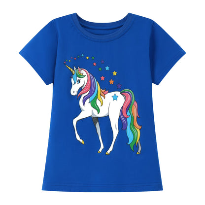 HILEELANG Little Girl Cotton Short Sleeve Tees, Unicorn Print, 3-Pack