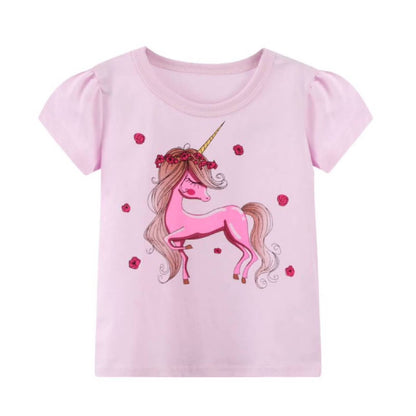 HILEELANG Toddler Girls' Short Sleeve Tee Shirt Cotton Crewneck Unicorn Graphic Tops T-Shirts Purple Green 3 Packs