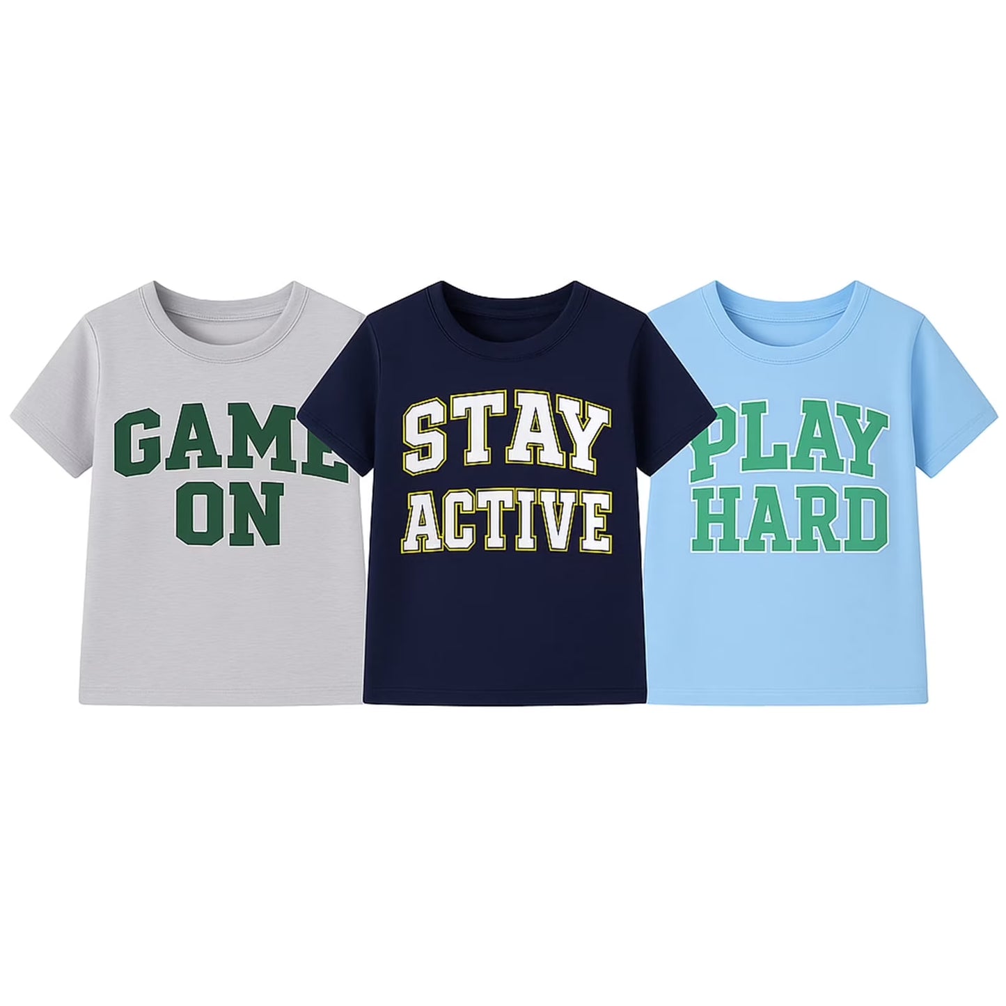 HILEELANG 4-13 Little/Big Boys Gray/Navy/Light Blue Varsity Slogan 100% Cotton 3-Pack Short Sleeve T-Shirt