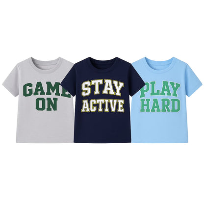 HILEELANG 4-13 Little/Big Boys Gray/Navy/Light Blue Varsity Slogan 100% Cotton 3-Pack Short Sleeve T-Shirt