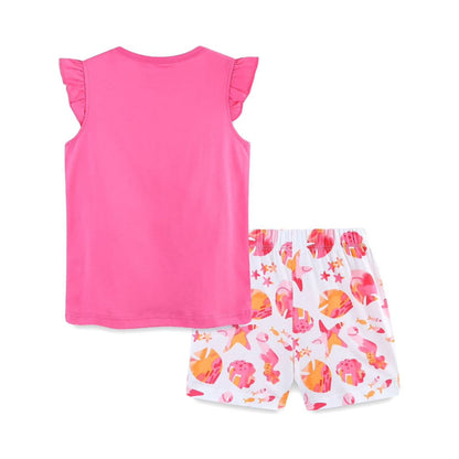 HILEELANG Toddler Girl Summer Short Outfits Cotton CrewNeck Pink Sea Horse Short Sleeve Playwear 2PC