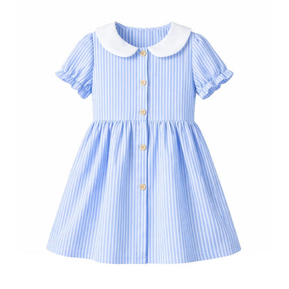 HILEELANG 2-7T Toddler/Little Girls Light Blue White Stripe 100% Cotton Dress