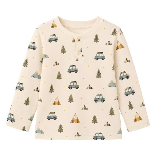 HILEELANG Boys Long Sleeve Shirt 1 Pack Cotton Henley Tee Camping Print