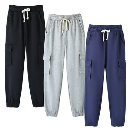 HILEELANG 3-Pack Boys' Sweatpants 5-15 Years Navy/Gray/Black Cotton Blend Kids Pants School Wear