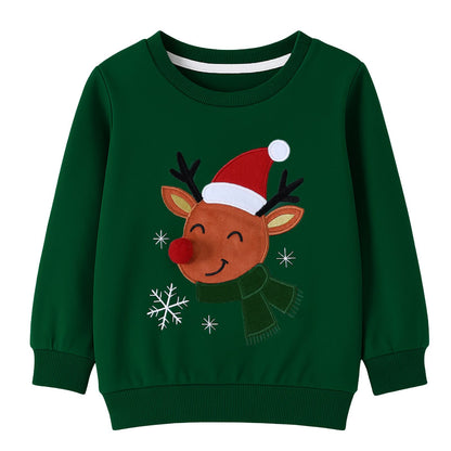 HILEELANG Kids Christmas Sweatshirt, Cotton Pullover Top with Reindeer Appliqué, Unisex Holiday Long Sleeve Shirt for Toddler Boys Girls