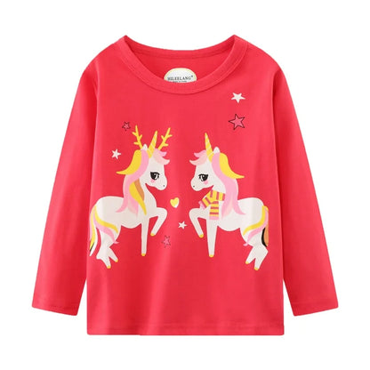 Toddler Girl Long Sleeve Shirts Christmas Ruffle Pink Red Unicorn Graphic Cotton Casual Crewneck Jersey Tunic T-Shirts 3 Packs