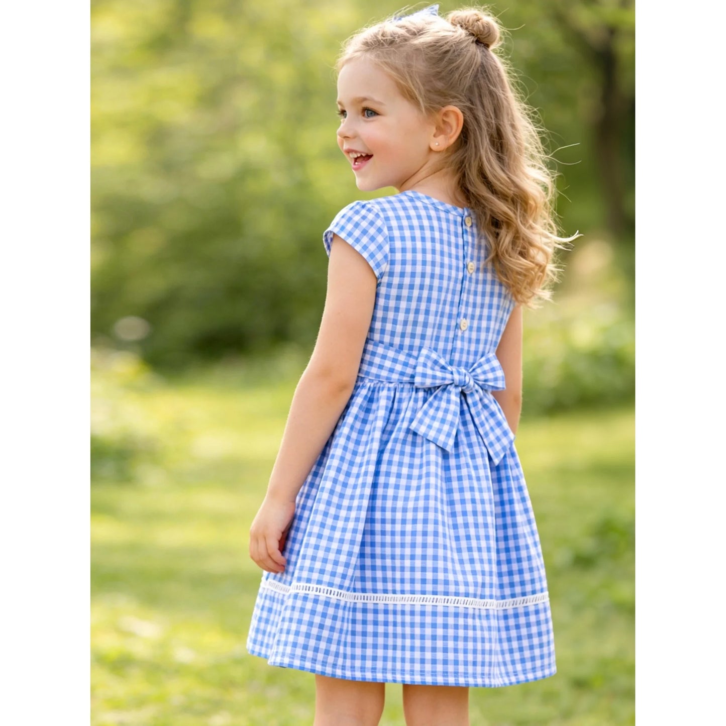 HILEELANG 3-13T Little/Big Girls Light Blue Gingham 100% Cotton Dress