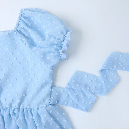 HILEELANG Girls Light Blue Swiss Dot Puff Sleeve Polyester Dress 4-5Y Little Girls