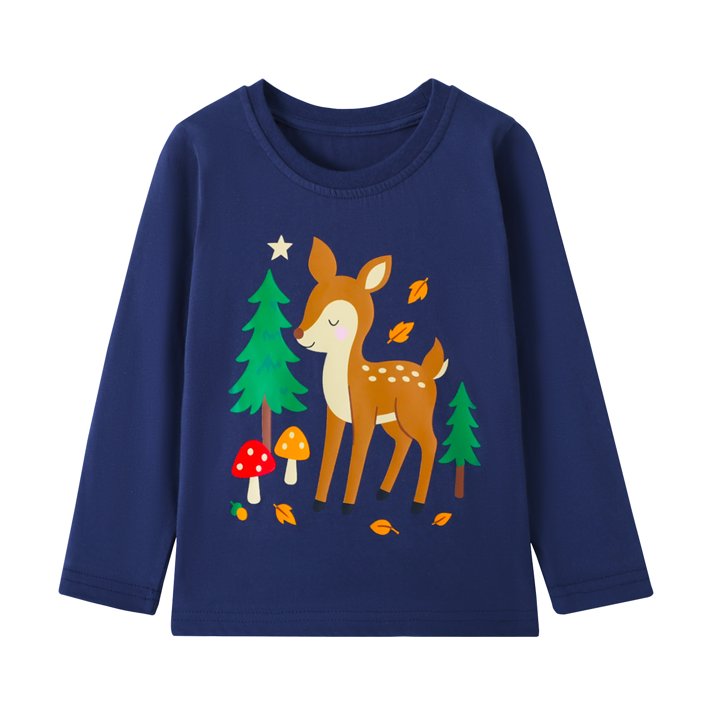 HILEELANG 2-7 Toddler/Little Girls Navy/Pink/Cream Forest Deer Rainbow Cute Spring Print 100% Cotton