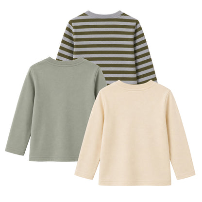 HILEELANG Boys Long Sleeve Shirts 3 Pack Cotton Tee Shirts Green Mix