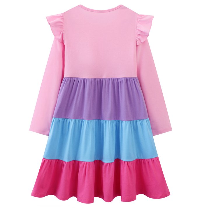 HILEELANG Toddler Girl Long Sleeve Dress Ruffle Solid Color Cotton Casual Tiered Pleated Twirly Dress