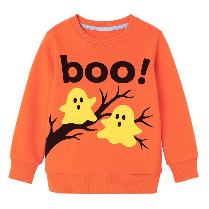 HILEELANG Toddler(18M-7T) Halloween Sweatshirt – 100% Cotton Pullover with Boo Ghost Print, Orange Crewneck for Boys Girls