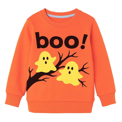 HILEELANG Toddler(18M-7T) Halloween Sweatshirt – 100% Cotton Pullover with Boo Ghost Print, Orange Crewneck for Boys Girls