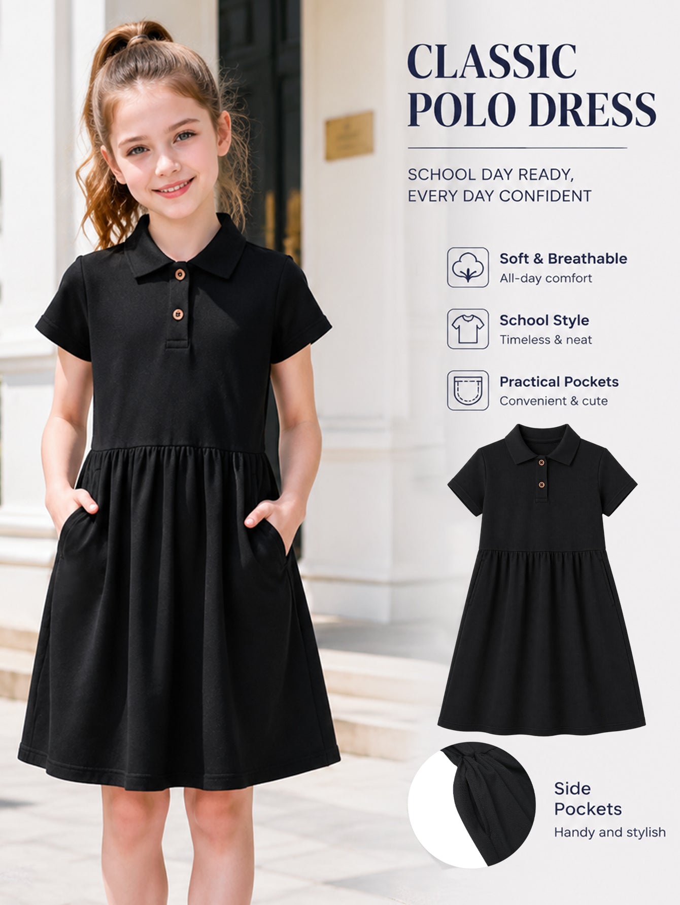 HILEELANG 4-13T Little Girls' black Short Sleeve Polo Dress with Pockets, School Uniform Casual Dress for Kids