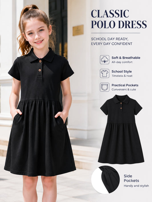 HILEELANG 4-13T Little Girls' black Short Sleeve Polo Dress with Pockets, School Uniform Casual Dress for Kids