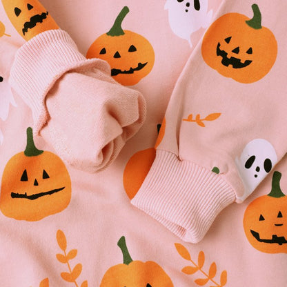 HILEELANG Toddler(18M-7T) Halloween Sweatshirt – 100% Cotton Pullover with Pumpkin Ghost and Leaf Print, Pinkish Brown Fall Crewneck for Boys Girls