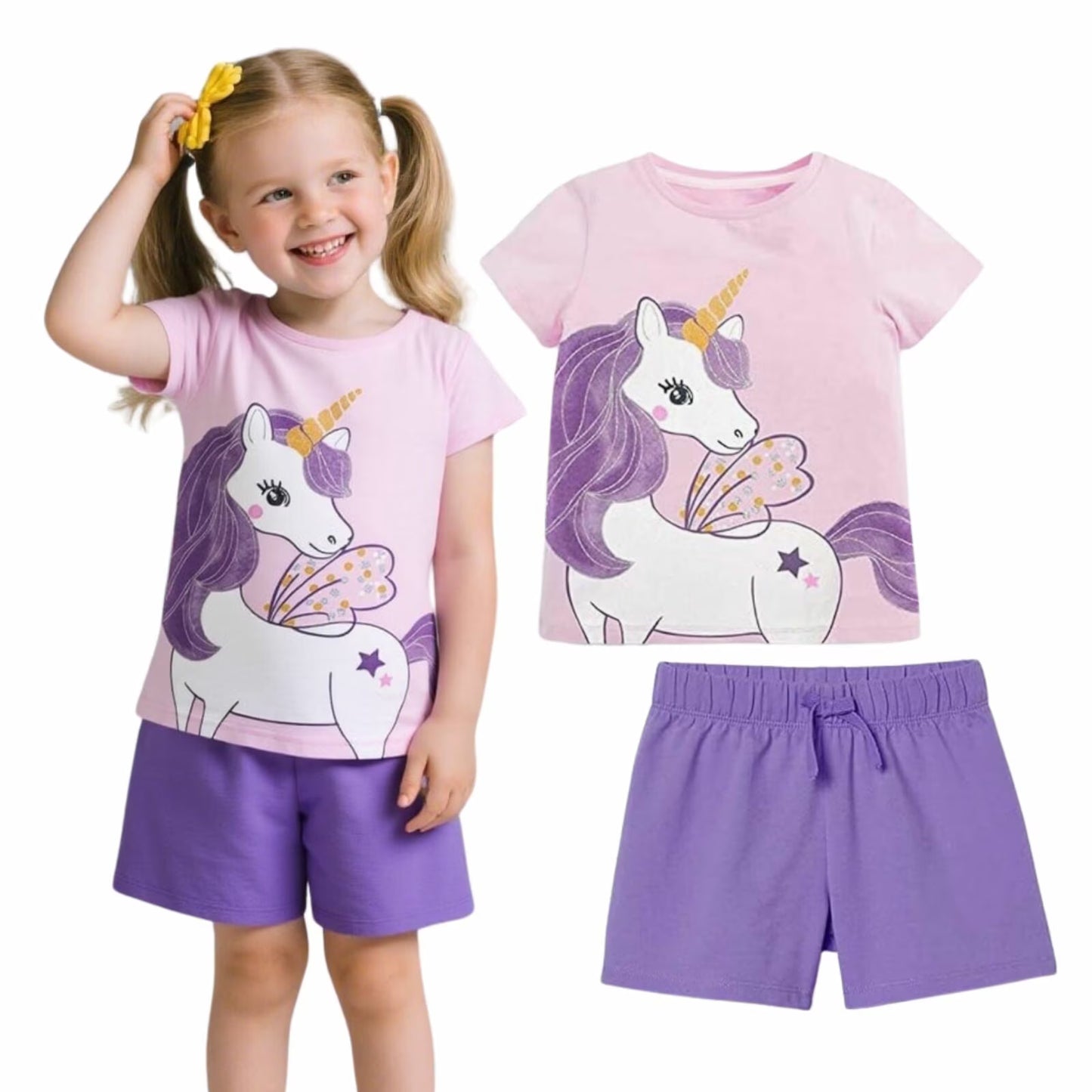 HILEELANG Toddler Girl Cartoon Princess Cotton Jersey T-Shirt & Shorts Set, 2-Piece Outfit