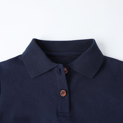 HILEELANG 4-13Y Girls Long Sleeve Polo Dress School Uniform Dress with Pockets Cotton Blend Pique Collared Dress Navy Blue