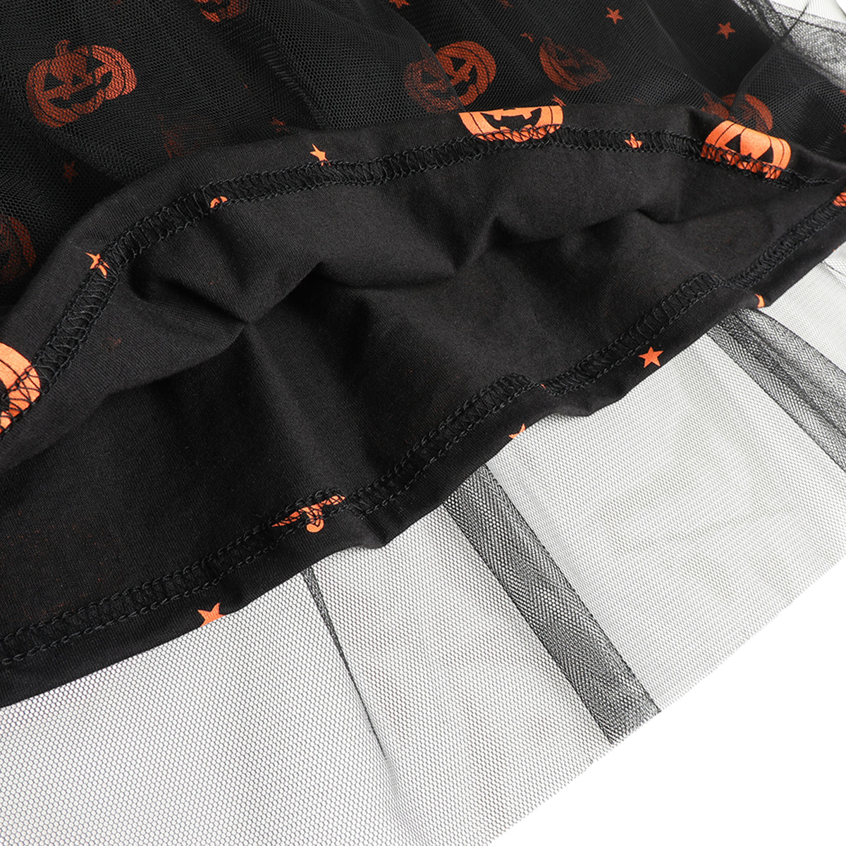HILEELANG Girls Cotton Halloween Dress Long Sleeve Black Cat Pumpkin Tulle Dress
