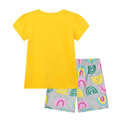HILEELANG Toddler Girl Summer Short Outfits Cotton CrewNeck Yellow Animals Short Sleeve Playwear 2PC Sets 2T