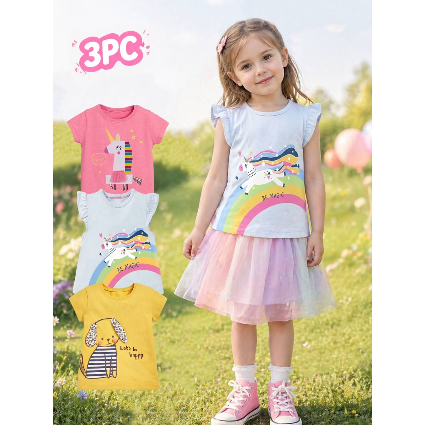 HILEELANG Toddler Girl Cotton Crewneck Tee, Short Sleeve Unicorn Puppy Graphic T-Shirts, Pink/Yellow/Blue, 3-Pack