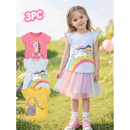 HILEELANG Toddler Girl Cotton Crewneck Tee, Short Sleeve Unicorn Puppy Graphic T-Shirts, Pink/Yellow/Blue, 3-Pack