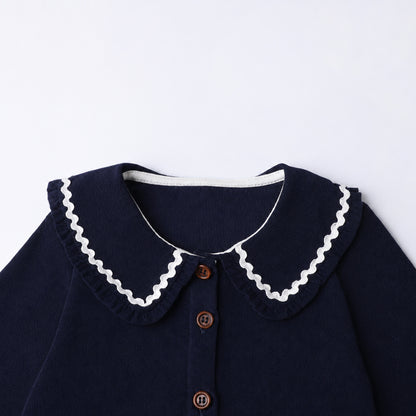 HILEELANG Toddler Girls 100% Cotton Long Sleeve Dress, Peter Pan Collar Contrast Trim Button Front Dress, Navy Blue, 4Y