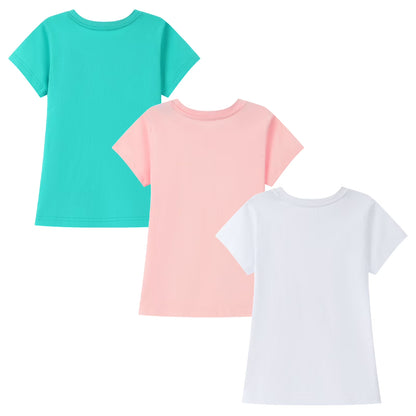 HILEELANG Little Girl Short Sleeve Tees Summer Pink White Green Flowers Cotton Tops Shirts 3 Packs