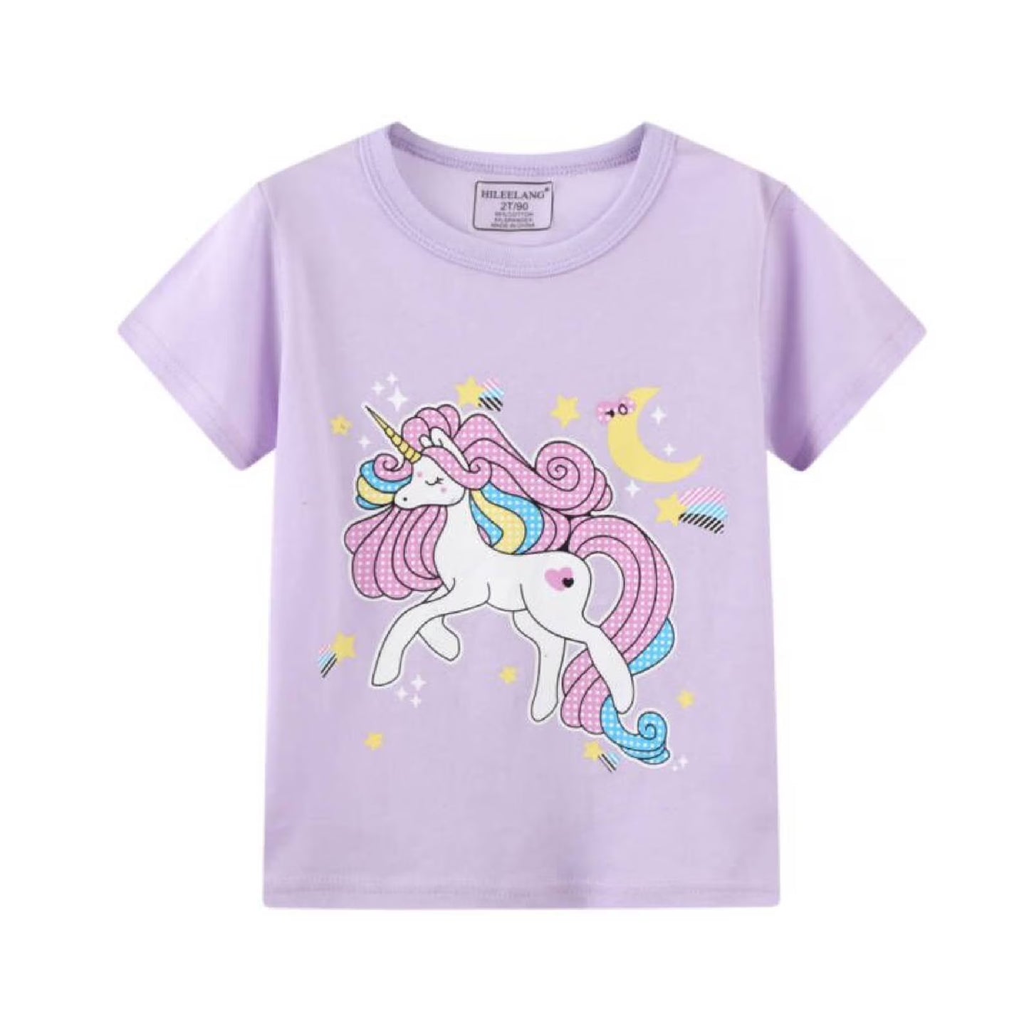 HILEELANG Toddler Girls' Short Sleeve Tee Shirt Cotton Crewneck Unicorn Graphic Tops T-Shirts Purple Green 3 Packs